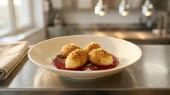 Quarkklößchen mit Erdbeersauce – locker, cremig und in Butterbröseln gewälzt